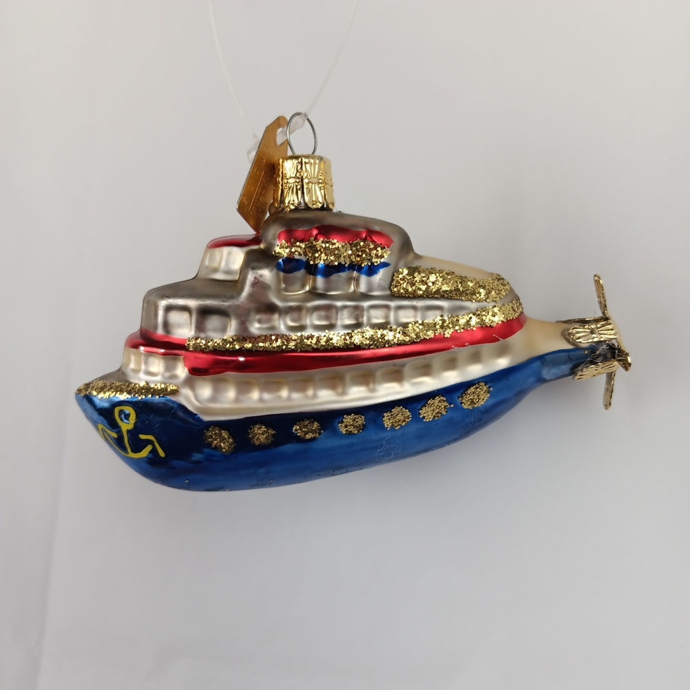 Discovery Channel Blown Glass Ornament Ship Yacht Glitter Christmas Tree Holiday